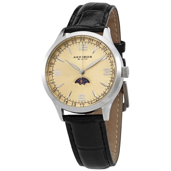 NWT Authentic Akribos Xxiv Akribos Champagne Dial Black Leather Men's Watch - Picture 1 of 3